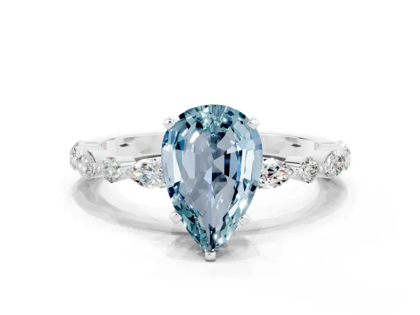 Pear Cut Aquamarine Ring with Marquise and Round Side Stones and Four-Prong Setting White gold