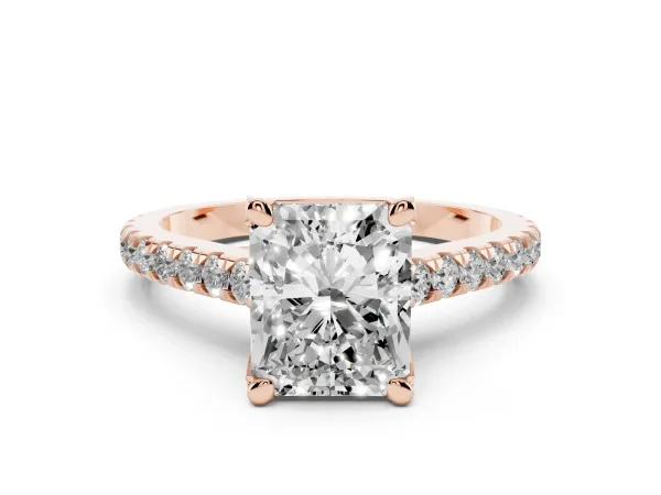 Radiant Cut Brilliant Diamond Solitaire with Pavé Band and Four-Prong Setting Rose gold