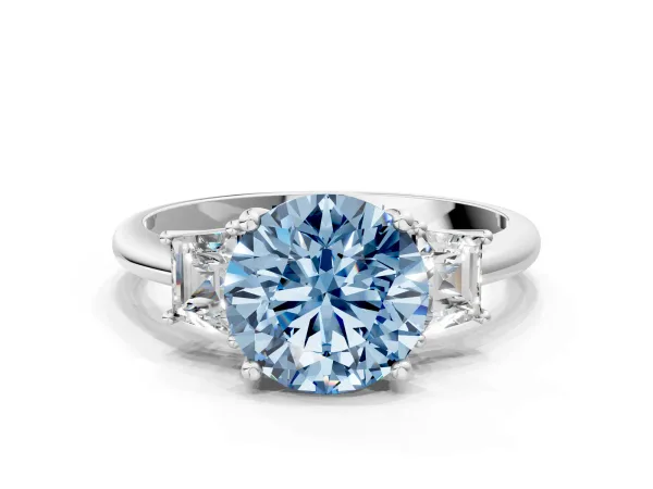Fancy Blue Round Cut Diamond Three-Stone Ring with Trapezoid Side Stones and Prong Setting Platinum