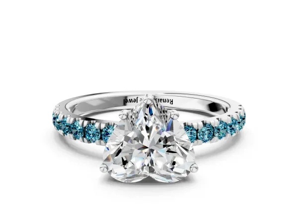 Heart Cut Diamond Pave Band Solitaire Ring with Round Blue Topaz and Prong Setting Platinum