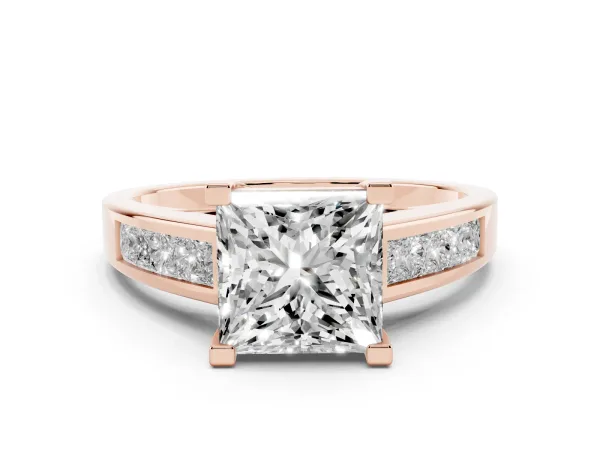Princess Cut Diamond Engagement Ring with Channel Set Princess Side Stones and Four Prong Setting Rose gold