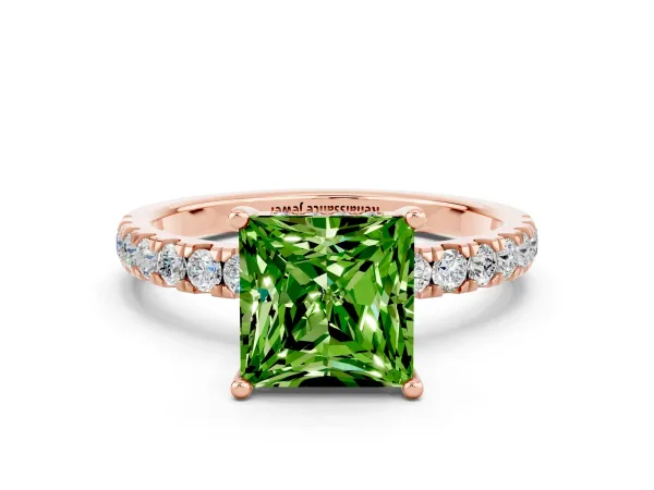 Princess Cut Peridot Pave Band Solitaire Ring with Round and Prong Setting Rose gold