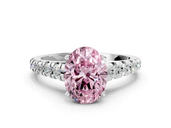 Fancy Pink Oval Cut Diamond Cathedral Solitaire Ring with Round Pavé Band White gold
