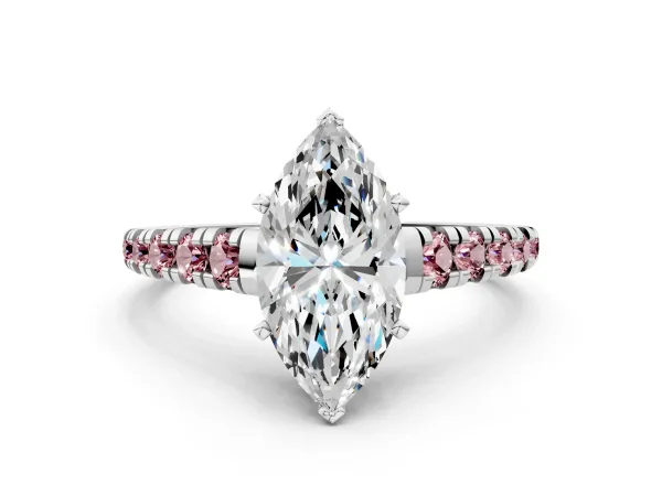 Marquise Cut Diamond Cathedral Solitaire Ring with Round Morganite Pavé Band White gold