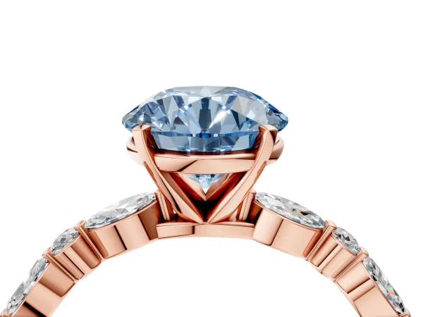 Fancy Blue Round Cut Diamond Ring with Marquise and Round Side Stones and Four-Prong Setting Rose gold