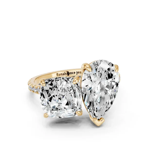 Pear and Cushion Toi Moi Ring with Prong Setting and Pave Band Yellow gold