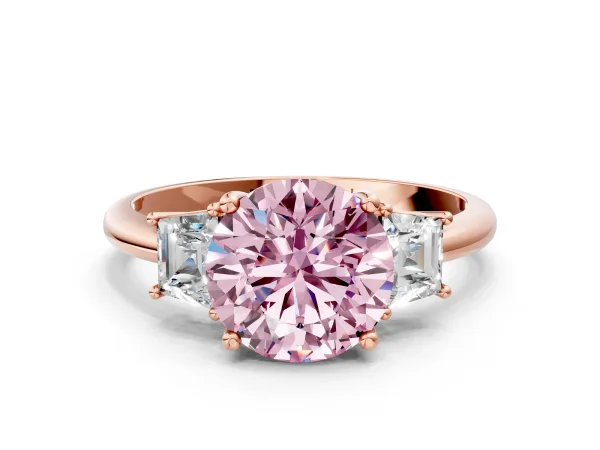 Fancy Pink Round Cut Diamond Three-Stone Ring with Trapezoid Side Stones and Prong Setting Rose gold