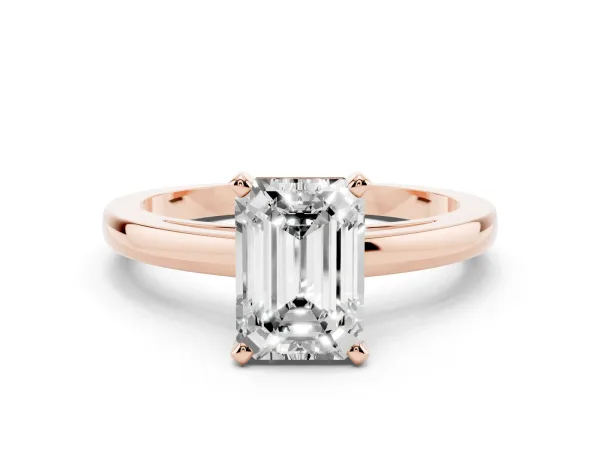 Emerald Cut Solitaire Diamond Engagement Ring with Four-Prong Setting on a Classic Band Rose gold