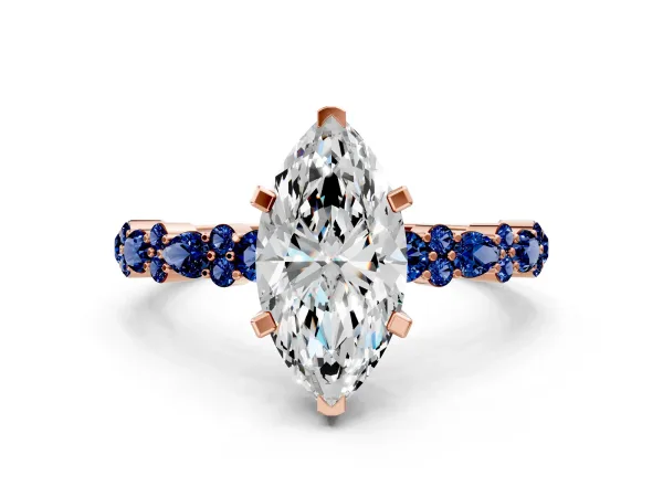 Marquise Cut Diamond Side Stone Solitaire Ring with Round Blue Sapphire and Four-Prong Setting Rose gold