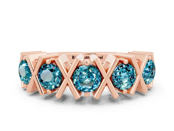 Round Blue Topaz Channel Set Band with X-Prong Detail Rose gold