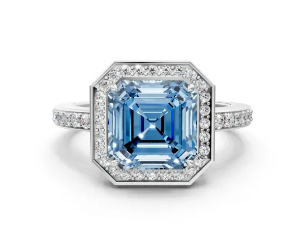 Fancy Blue Asscher Cut Halo Pave Band Solitaire Ring with Prong Setting Platinum