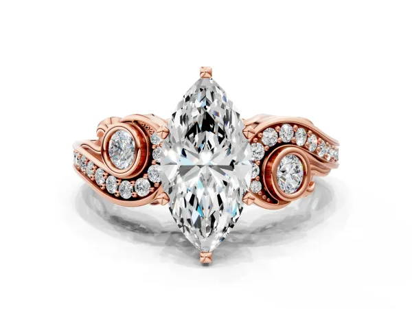 Marquise Cut Diamond Solitaire Ring with Milgrain Pavé Band and Four-Prong Setting Rose gold