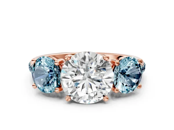 Three-Stone Round Cut Diamond Ring with Round Aquamarine Pavé Band and Prong Setting Rose gold