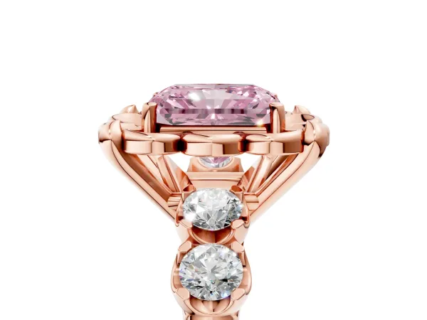 Fancy Pink Radiant Cut Cut Diamond Floral Halo Engagement Ring with Shared Prong Setting Rose gold