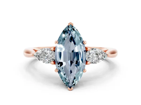 Marquise Cut Aquamarine Three-Stone Ring with Pear Side Stones and Prong Setting Rose gold