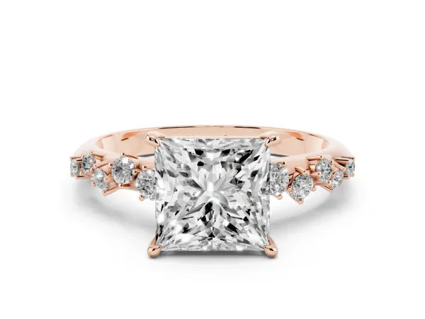 Princess Cut Diamond Cluster Side Stone Solitaire Ring with Prong Setting Rose gold