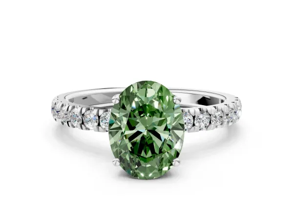 Fancy Green Oval Cut Diamond Pave Band Solitaire Ring with Round and Prong Setting White gold