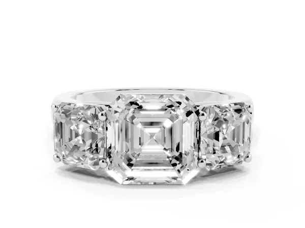Asscher Cut Three-Stone Diamond Ring with Prong Setting on a Classic Band Platinum