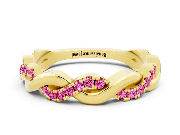 Pavé Round Pink Sapphire Twist Eternity Band with Shared Prong Setting Yellow gold