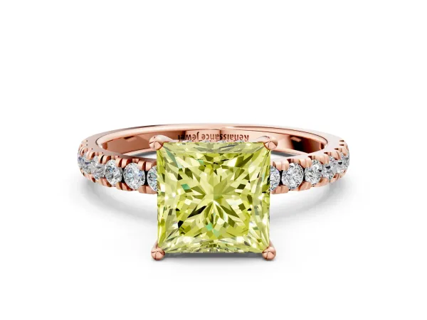 Fancy Yellow Princess Cut Diamond Pave Band Solitaire Ring with Round and Prong Setting Rose gold