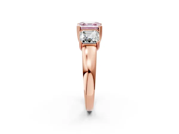 Fancy Pink Three-Stone Asscher Cut Cut Diamond Ring with Channel Set Band and Four-Prong Setting Rose gold