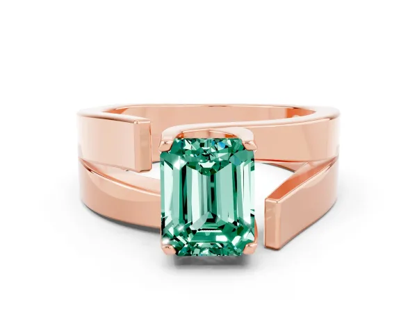 Modern Tension Set Emerald Cut Green Sapphire Solitaire Wide Band Ring Rose gold