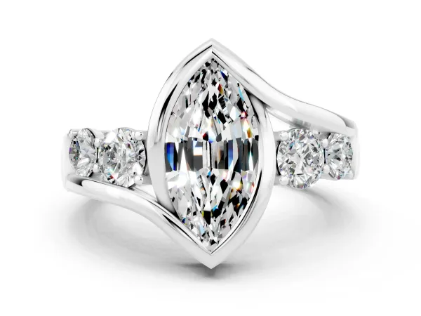 Bezel Set Marquise Cut Moissanite Bypass Ring with Round Accents Platinum