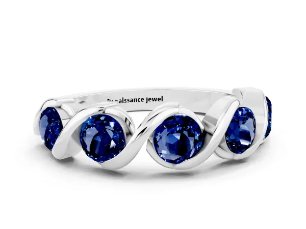 Round Blue Sapphire Wave Band with Channel Setting and Shared Prongs Platinum