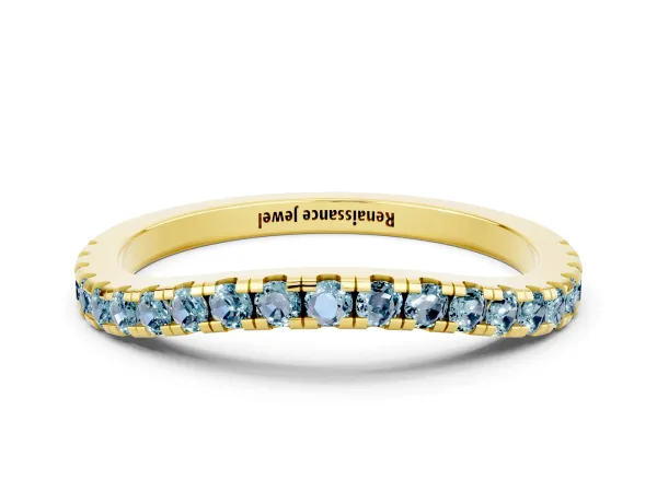 Round Aquamarine Pavé Half Eternity Band with Shared Prong Setting Yellow gold