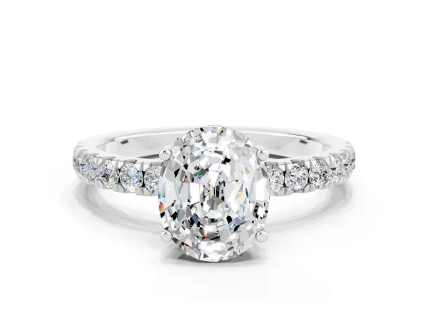 Oval Cut Moissanite Pave Band Solitaire Ring with Round and Prong Setting White gold