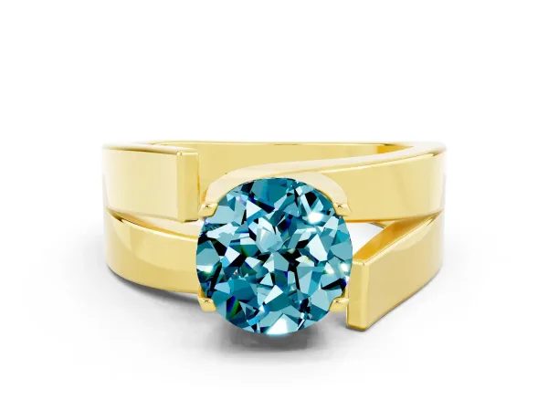 Modern Tension Set Round Cut Blue Topaz Solitaire Wide Band Ring Yellow gold