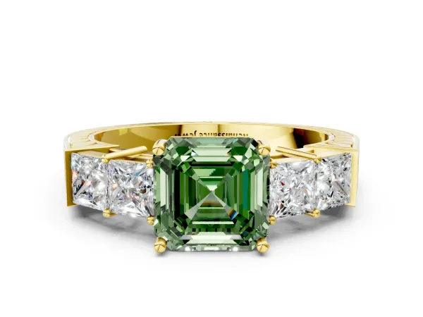 Fancy Green Asscher Cut Solitaire Princess Side Stone Engraved Band Prong Setting Ring Yellow gold