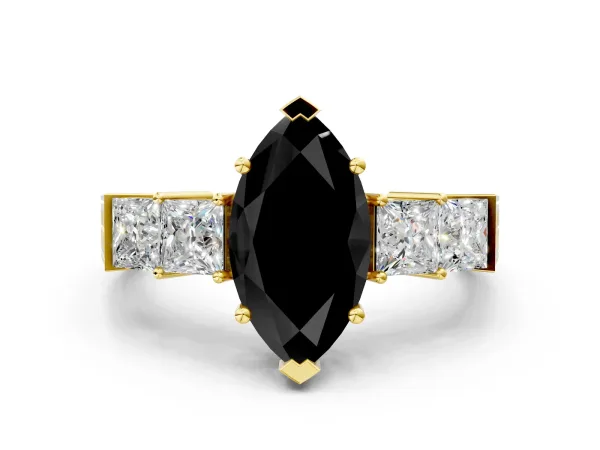 Fancy Black Marquise Cut Solitaire Princess Side Stone Engraved Band Prong Setting Ring Yellow gold