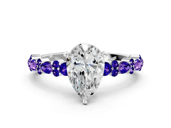 Pear Cut Diamond Side Stone Solitaire Ring with Round Tanzanite and Four-Prong Setting White gold