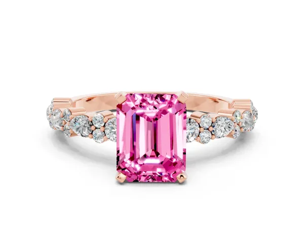 Emerald Cut Pink Sapphire Side Stone Solitaire Ring with Round and Four-Prong Setting Rose gold