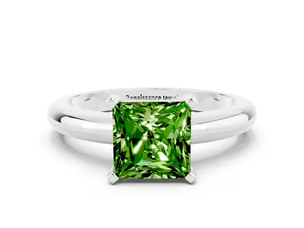 Princess Cut Peridot Solitaire Engagement Ring with Round Band and Four-Prong Setting Silver