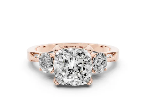 Cushion Cut Brilliant Three-Stone Diamond Ring with Pavé Band and Four-Prong Setting Rose gold