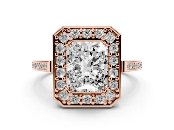 Radiant Cut Diamond Halo Ring with Split Shank and Four-Prong Setting Rose gold