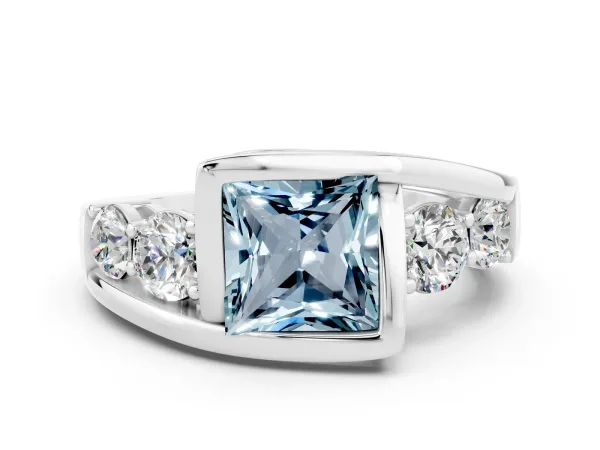Bezel Set Princess Cut Aquamarine Bypass Ring with Round Accents Platinum