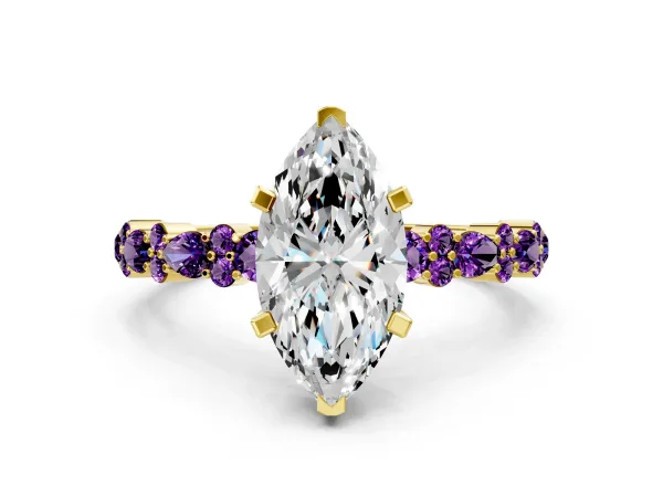 Marquise Cut Diamond Side Stone Solitaire Ring with Round Amethyst and Four-Prong Setting Yellow gold