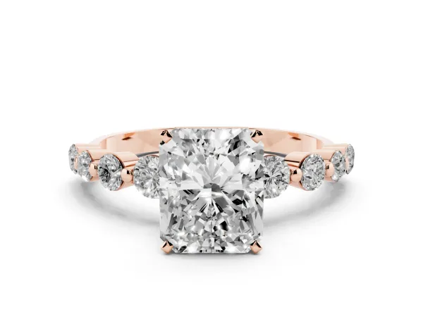 Radiant Cut Solitaire Diamond Ring with Pave Band and Four-Prong Setting Rose gold