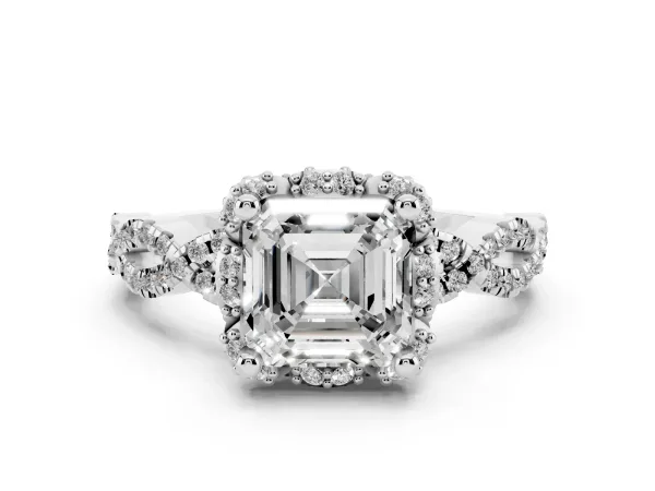 Asscher Cut Halo Twist Band Solitaire Ring with Six-Prong Setting White gold