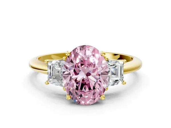 Fancy Pink Oval Cut Diamond Three-Stone Ring with Trapezoid Side Stones and Prong Setting Yellow gold