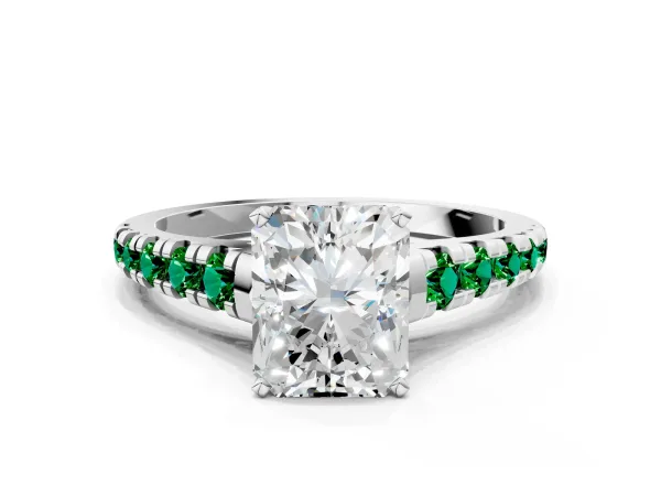 Radiant Cut Diamond Cathedral Solitaire Ring with Round Emerald Pavé Band Platinum