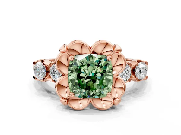 Fancy Green Cushion Cut Cut Diamond Floral Halo Engagement Ring with Shared Prong Setting Rose gold