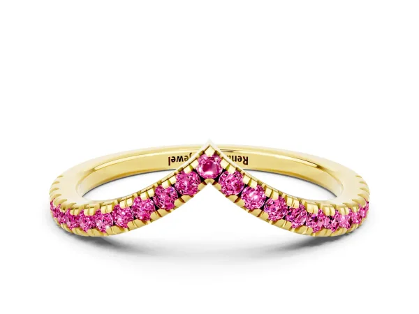 Pavé Round Pink Sapphire V-Shaped Chevron Band with Shared Prong Setting Yellow gold