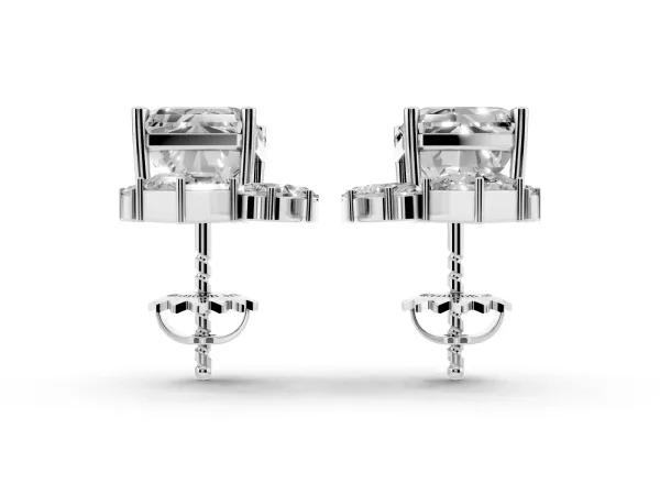 Emerald Cut Diamond Stud Earrings with Round and Oval Accents White gold
