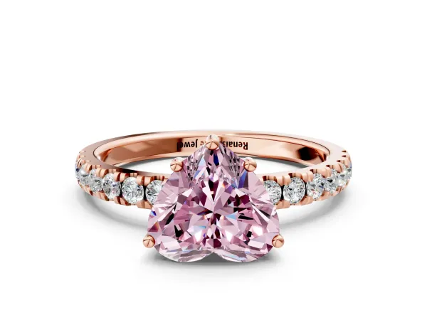 Fancy Pink Heart Cut Diamond Pave Band Solitaire Ring with Round and Prong Setting Rose gold