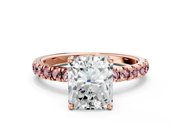 Radiant Cut Diamond Pave Band Solitaire Ring with Round Morganite and Prong Setting Rose gold