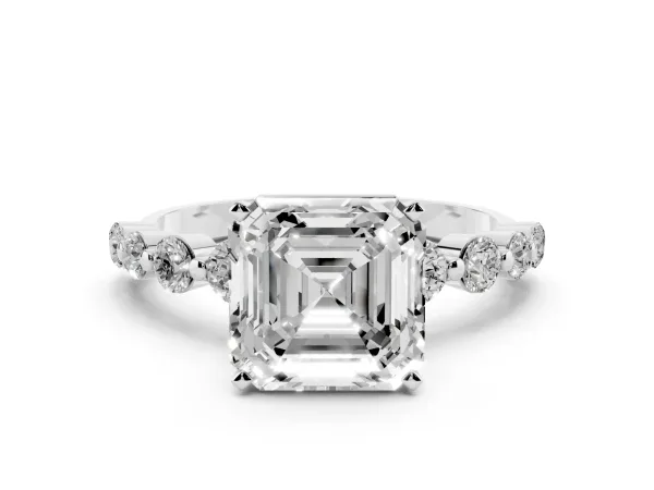 Asscher Cut Solitaire Diamond Ring with Pave Band and Four-Prong Setting Platinum